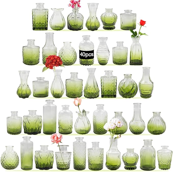 Glass Bud Vases Set of 40 PCS, Small Flower Vases for Wedding Centerpiece Table Decoration, Vintage Vase in Bulk for Flower Arrangements, Mini Vase for Birthday Party, Festival Home Decor,Green