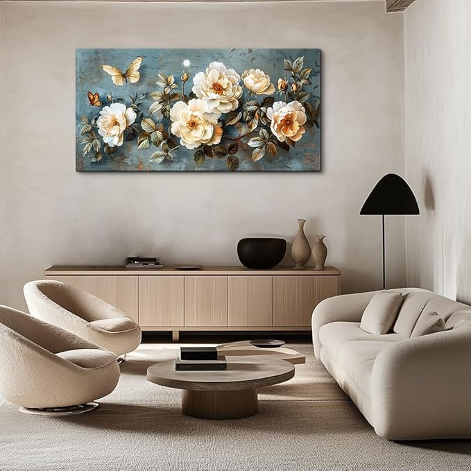 PHAOHUAXM Large Canvas Wall Art For Bedroom Wall Decorations For Living Room Office Decor Abstract Pictures White Flower Dining Room Painting Artwork Modern Framed Posters Home Decoration 24"x48"