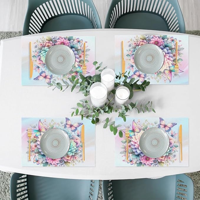 PVC Placemats Set of 1 Spring Flower Floral Wipeable Table Mats Washable Heat Resistant Non Slip Vinyl Dining Table Mat for Kithen Indoor Outdoor Patio Farmhouse Place Mats Decorative