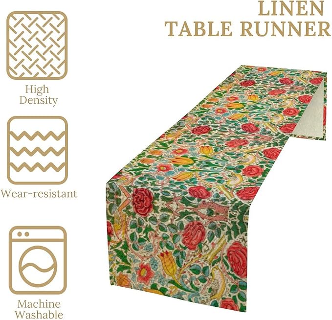 William Morris Original Design Red Rose Table Runner Vintage Floral Table Runner for Dining Table Decor 13 x 70 Inch