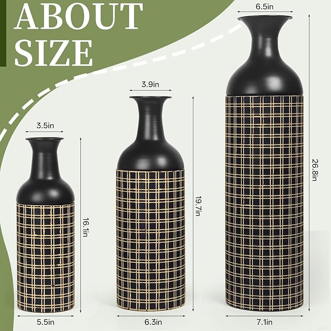 Tall Floor Vase Set of 3, Large Black Metal Vases with Minimalist Gold Lines & Detachable Vase Mouth, Big Modern Decorative Vases for Living Room,Hallway,Dining Room,Office,Kitchen.