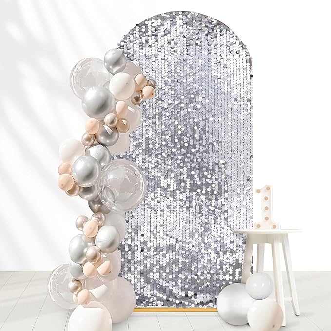 Fanqisi Silver Payette Sequin Arch Covers: 6.6FT Arch Backdrop Cover Gold Sparkly Backdrop Cover for Party Bridal Shower Decor
