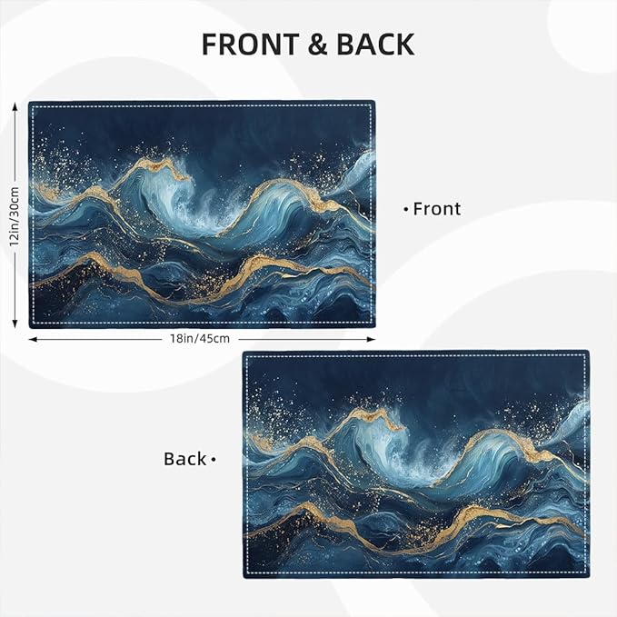 Abstract Blue Wave Placemats Set of 6, Sea Navy Double-Sided Table Mats for Kitchen Home Party Indoor Decor 6 PCS 12x18 Inch