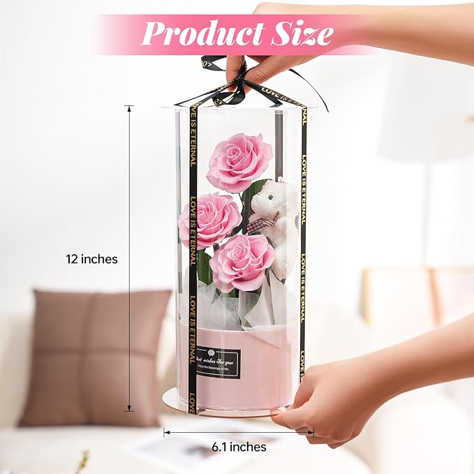 Flowers Forever Roses in A Box, 3 Real Roses with Stems and Bear, Eternal Rose Gifts for Her,Birthday Gifts for Women, Mom,Girlfriend,Grandma,Daughter,Pink