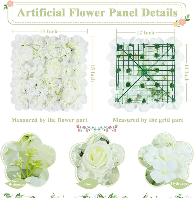 FUHSY Flower Wall Backdrop White Rose Wedding Backdrop 3D Floral Wall 12 PCS 15X15 Inch Artificial Flower Wall Panels Flower Photo Background for Bridal Shower Party Arrangement Event Decorations