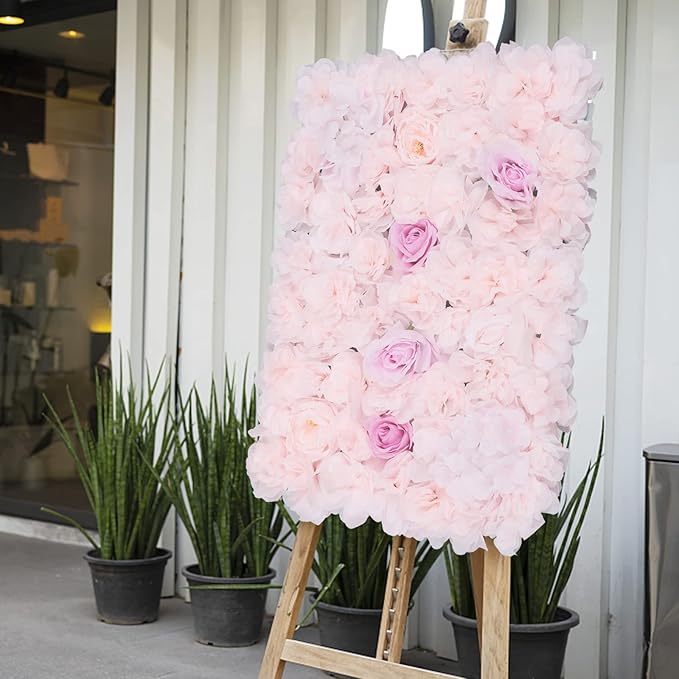16"x 24" Artificial Flower Wall Panels,Flower Wall Mat Silk Flower Panels for Outdoor Garden Backyard Fence Fence Privacy Screen and Indoor Wall Decor (4Pcs Rose+Light Pink+Champagne)