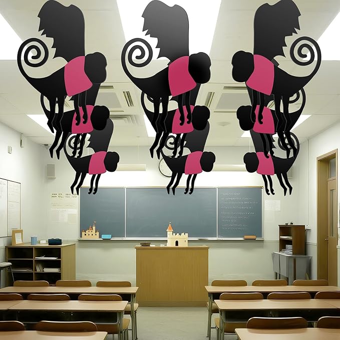 Preboun 15 Pcs Wizard Party Hanging Monkey Decorations, Halloween Hanging Monkey Banner Halloween Ceiling Decor for Classroom Pink and Black Wizard Party Decoration(Rose Pink,Funny)