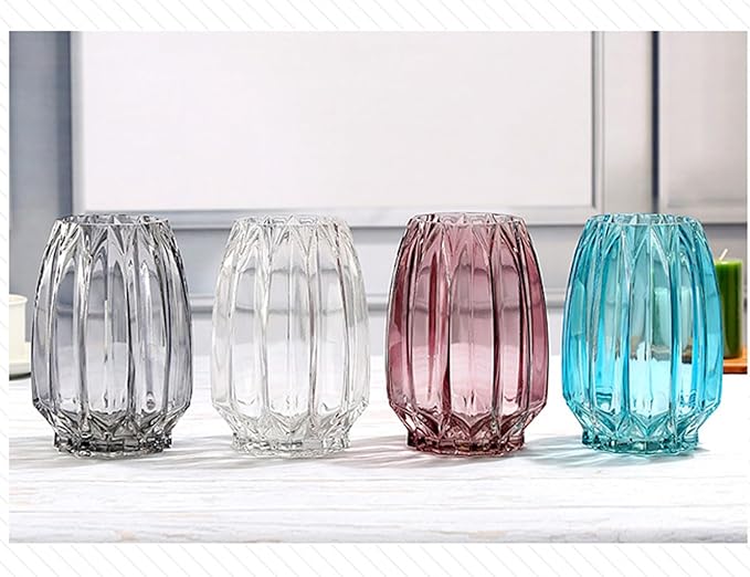Pink Glass Vase Modern Ribbed Vase for Flowers, Candles, and Decorative Accents - Tall/Short Vases for Centerpieces Home Table Decor(Purple Pink H8.0inch)