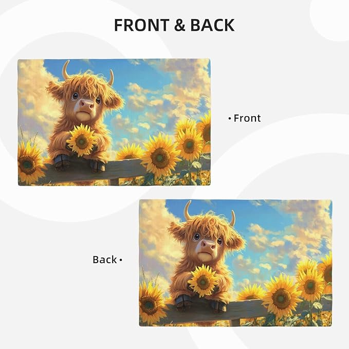 Cute Highland Cow Placemats Set of 6 Washable Table Mats Summer Yellow Sunflower Heat-Resistant Cotton Linen Place Mats for Dining Table Kitchen Indoor Outdoor Party Holiday Decor
