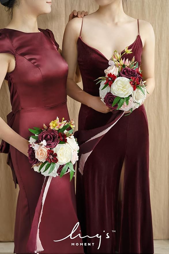 Ling's moment Artificial Flowers Marsala Red & Pink Bridesmaid Bouquet Set of 4, Wedding Flowers Bouquets for Bridesmaids, 7 Inch Bridal Bouquets for Bridesmaids, Wedding Decor, Ceremony, etc