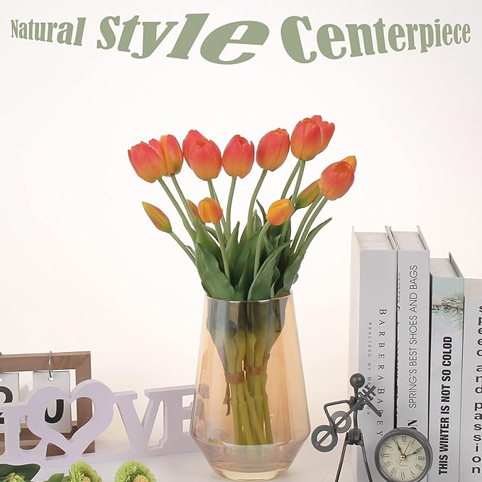 20pcs Artificial Tulip Flowers,16 Inch Real Touch Tulip Stems with Faux Leaves, Faux Tulips and Buds for Home Décor Centerpiece Ornament Wedding Bouquet,Orange
