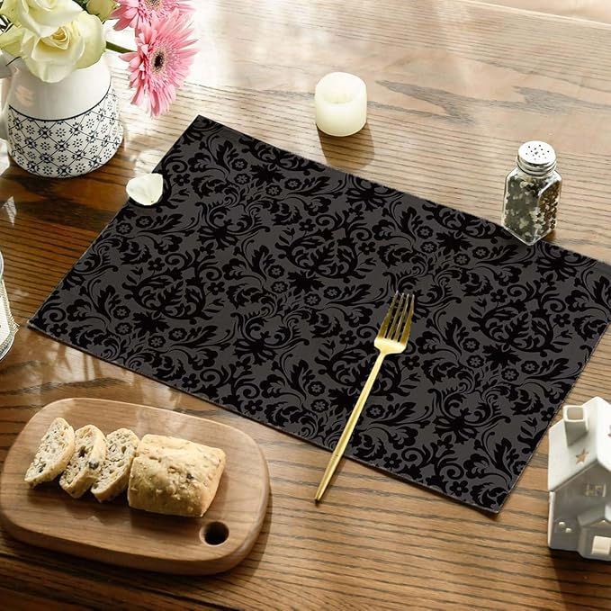 Placemats Set of 4 Vintage Black Damask Floral Dining Place Mats Linen Table Mat for Farmhouse Home Kitchen Decor 12 X 18 Inch
