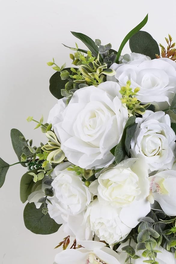 Artificial Bridal Bouquet, 11 Inch White Artificial Wedding Bouquets for Bride Bridal Bouquet Bridesmaid Bouquet Tossing Bouquet for Wedding Ceremony and Anniversary(White)