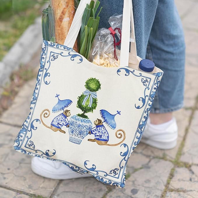 Blue and White Chinoiserie Prints Canvas Tote Bag for Women, Reusable Folding Shopping Bags with Handles