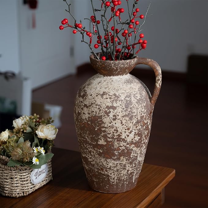 Brown Ceramic Rustic Farmhouse Vase Jug Pitcher with Handle, Distressed Antique Terracotta Pottery Flower Vase 14.2 Inch Handmade Large Floor Vintage Decorative for Home Living Room Decor
