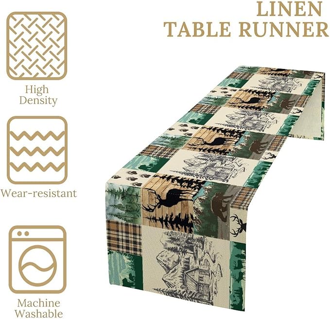Rustic Cabin Table Runner, Farmhouse Deer Bear Retro Pine Forest Wooden Plank Wild Animal Seasonal Coffee Table Center Decor for Home Kitchen Dining Patio Holiday Party Table Decorations 13x90 inches
