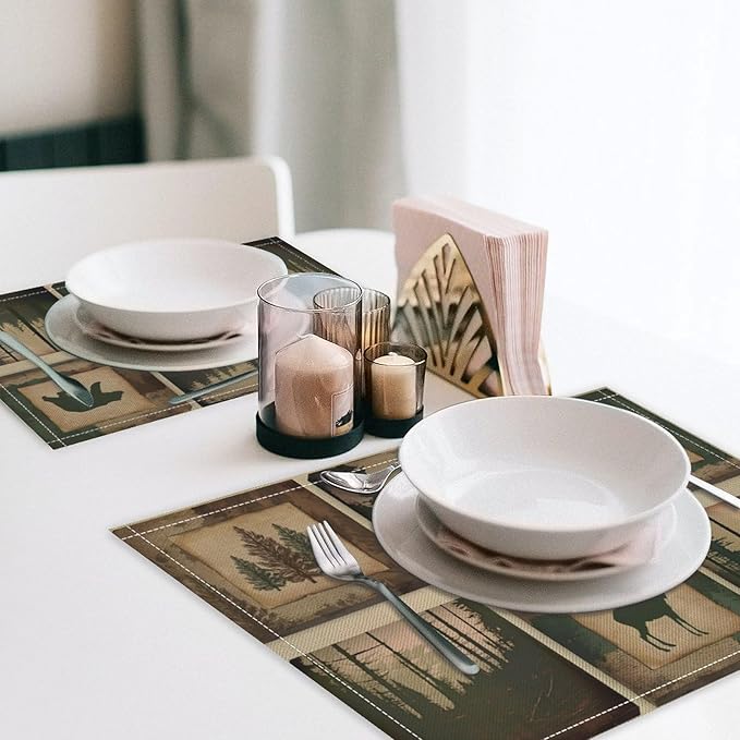 Rustic Lodge Bear Deer Placemats Set of 6, Vintage Cabin Pine Cone Plaid Place Mats, Heat Resistant Non Slip Cotton Linen Dining Table Mats for Home Kitchen Decor 18x12 Inch