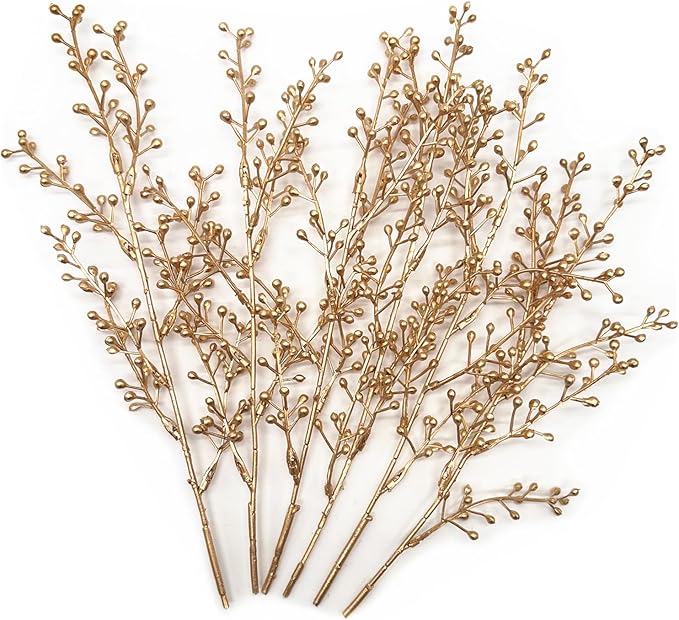 Artificial Golden Berry Stem Decorations, Fake Bead Sticks Picks Plastic Plants for Home Party Christmas Berries Stems Tree Ornaments Wreath Crafts DIY Gift Wedding Bouquet Xmas Decor Gold 6 Pcs