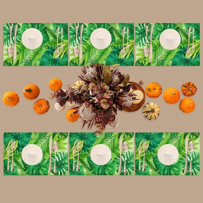 Green Summer Palm Leaf Placemats Set of 1 PVC Vinyl Non Slip Table Mats Waterproof Heat Resistant Place Mats Washable Wipeable Dining Table Mat for Kitchen Party Indoor Outdoor Decorative