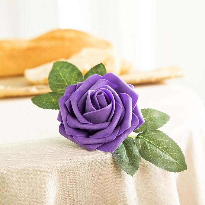 25pcs Artificial Flower Foam Rose Real Touch Roses Flower Heads with Stem for DIY Wedding Bouquets Centerpieces Arrangements Party Baby Shower Home Decor (Deep Purple)