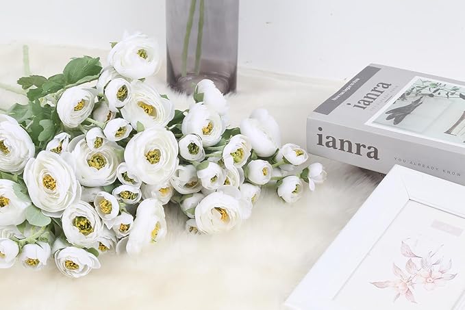 Ranunculus Artificial Flowers 5PCS Faux Peonies White Silk Ranunculus Flowers with Stems 21.65" Real Look Fake Flowers Bulk for DIY Wedding Bridal Shower Table Centerpieces Home Decor(White)
