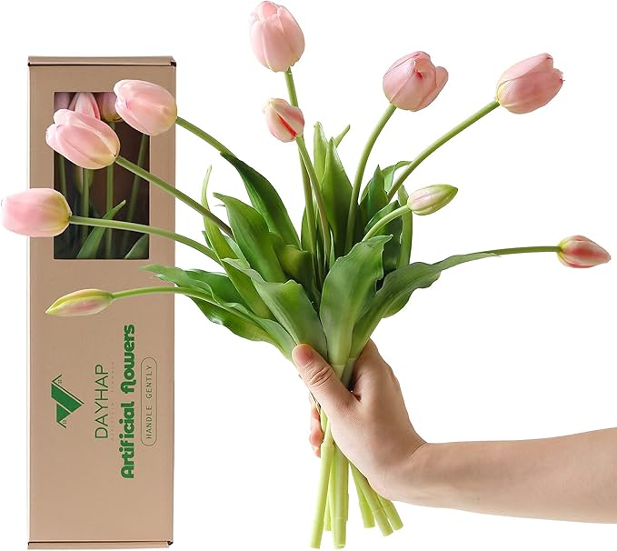 Artificial Pink Tulips, 10pcs Real Touch Faux Latex Tulips, 15.3" Stems, Wrinkle Resistant, Perfect for Home, Parties, Weddings