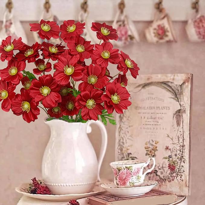 5 Pcs Artificial Flowers with Stems Faux Daisy Flowers Bouquet Red Gardenia Silk Flowers for Home Decor Indoor Vase Outdoors Balcony Table Centerpiece Outside Floral Arrangements Wedding