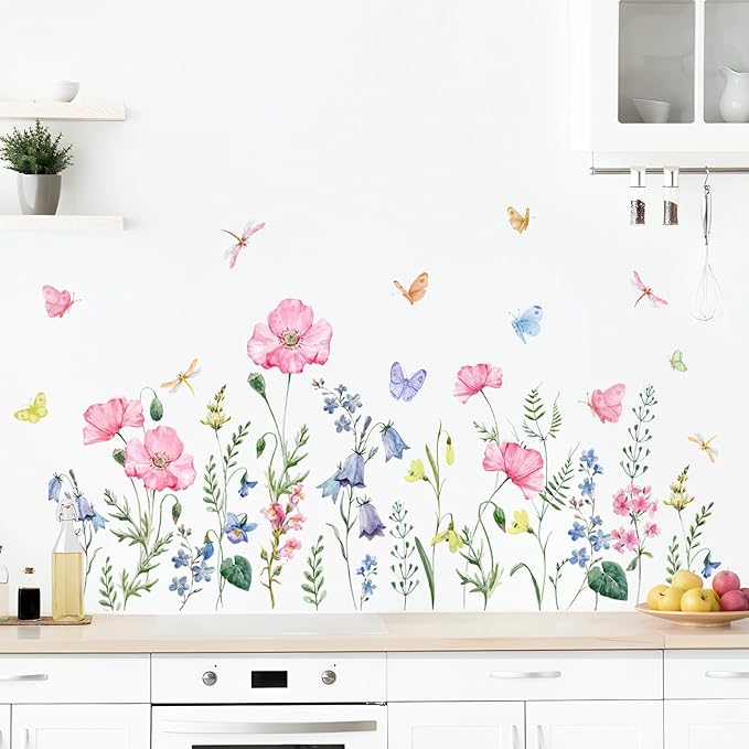 Supzone Watercolor Wildflower Wall Decals Colorful Garden Flower Grass Butterflies Wall Stickers for Girls Bedroom Living Room Home Office Wall Decor