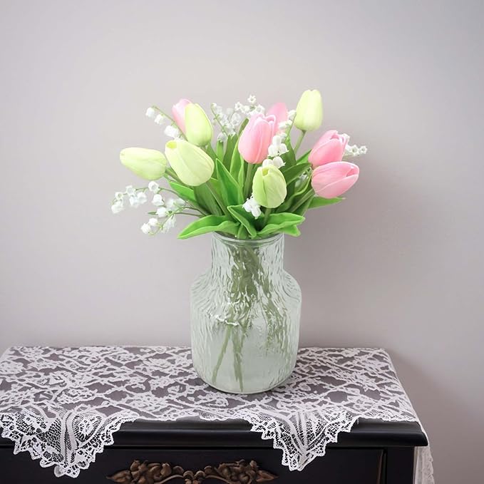 Artificial Flowers 10 Heads Mini Real Touch Artificial Tulip for Home Wedding Party Centerpiece Decoration (Green&Pink)