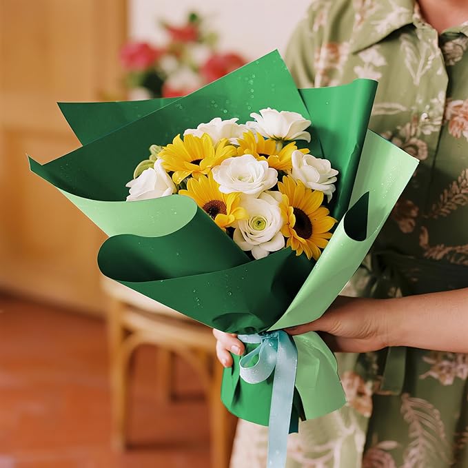 WRAPAHOLIC 20 Sheets Flower Wrapping Paper - 22.4 x 22.4 inch Grey Green Color Water-Resistant Floral Bouquet Wrapping Paper, Florist Supplies Packaging for Christmas Wedding Birthday Gift DIY