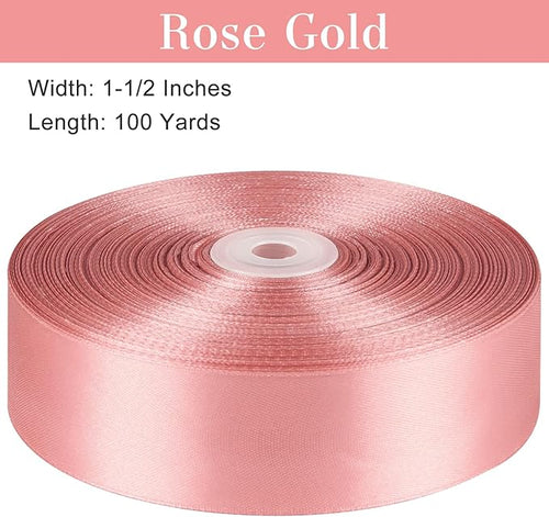 1-1/2 Inches 100 Yards Rose Gold Satin Ribbon, Ribbon Roll for Flower Bouquets, Gift Wrapping, Wedding, Handmade Crafts