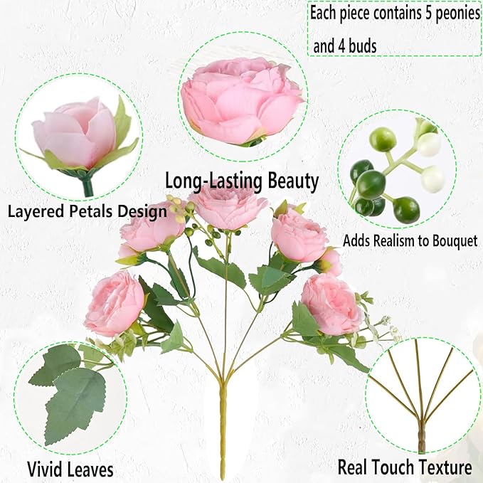 Peonies Artificial Flowers 12 Bundles Pink Flowers Bouquet, Lifelike Silk Fake Peonies with Stems for Home Table Centerpieces, Wedding, Party & DIY Bridal Floral Arrangements (Light Pink)