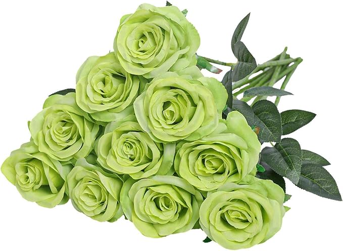 Nubry Artificial Silk Rose Flower Bouquet Lifelike Fake Rose for Wedding Home Party Decoration Event Gift 10pcs (Green)