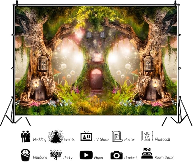 Leowefowa 10x7FT Enchanted Garden Backdrop Magic Tree House Fairy Tale Wonderland Woodland Background Wedding Baby Shower Birthday Party Banner Cake Smash Decors Studio Portrait Photobooth Shoot Props