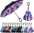 Inverted Umbrella, 49 Inch Double-Layer Vented Reverse Umbrella, Windproof Waterproof UV Protection, Lightweight C-Handle, Fiberglass Ribs, Steel Shaft, Travel/Commute/Car Use, With Sleeve