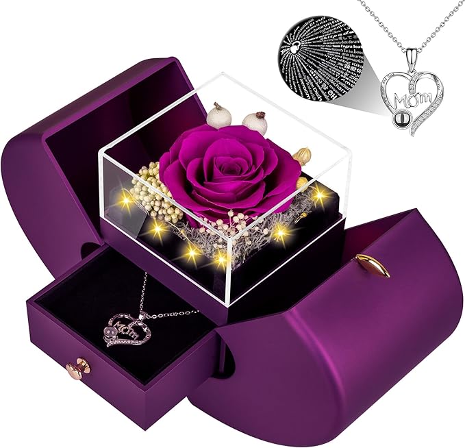 Gifts for Mom from Daughter and Son,Unique Mother Birthday Gift Idea, Preserved Purple Real Roses with I Love You in 100 Languages Mom Necklace, Cool Present to Mother Mama -Purple