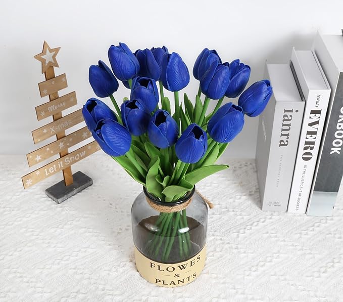 IPOPU 24 PCS Royal Blue Flowers Tulips Artificial Flowers Real Touch Blue Tulips Faux Flowers for Home Table Decor Wedding Bouquet Party Baby Shower Centerpieces Bridal Bouquet Decor (Blue)