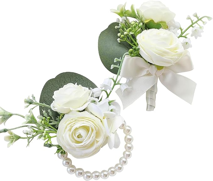 Floroom Ivory Ranunculus Peony Wrist Corsage Wristlet Band Bracelet and Men Boutonniere Set for White Wedding Flower Accessories Prom Suit Decorations