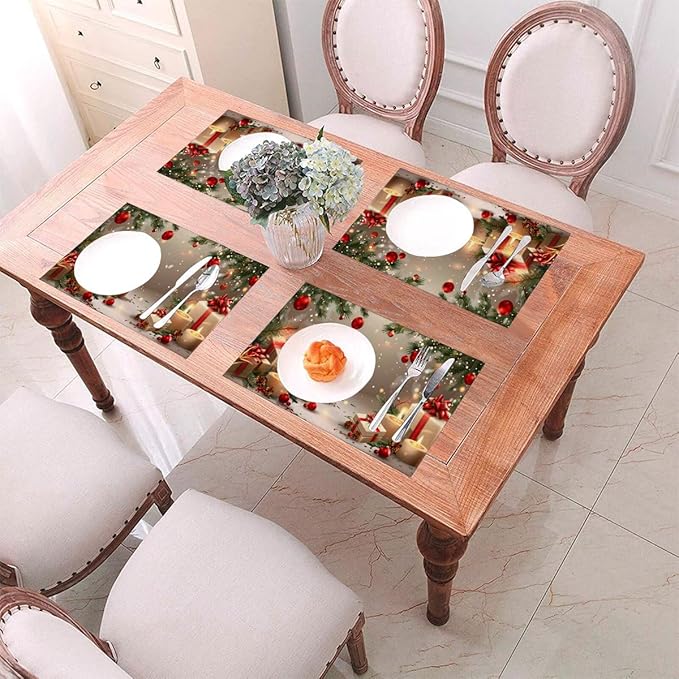 PVC Placemats Set of 6 Wipeable Table Mats Washable Heat Resistant Non Slip Vinyl Dining Table Mat for Kitchen Indoor Outdoor Patio Farmhouse Place Mats Christmas Candle Gift Decorative