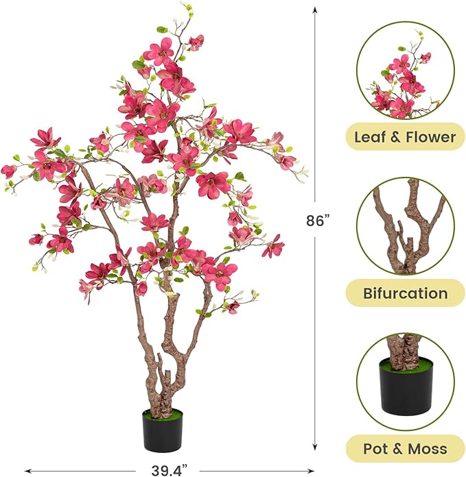 Faux Magnolia Tree 6.8 ft - with 57 Pcs Fuchsia Flowers - Tall Artificial Plants Indoor, Large Fake Plant Perfect Potted Magnolia Flower Decor for Living Room, Stairs, Shop, Porch, Study Room
