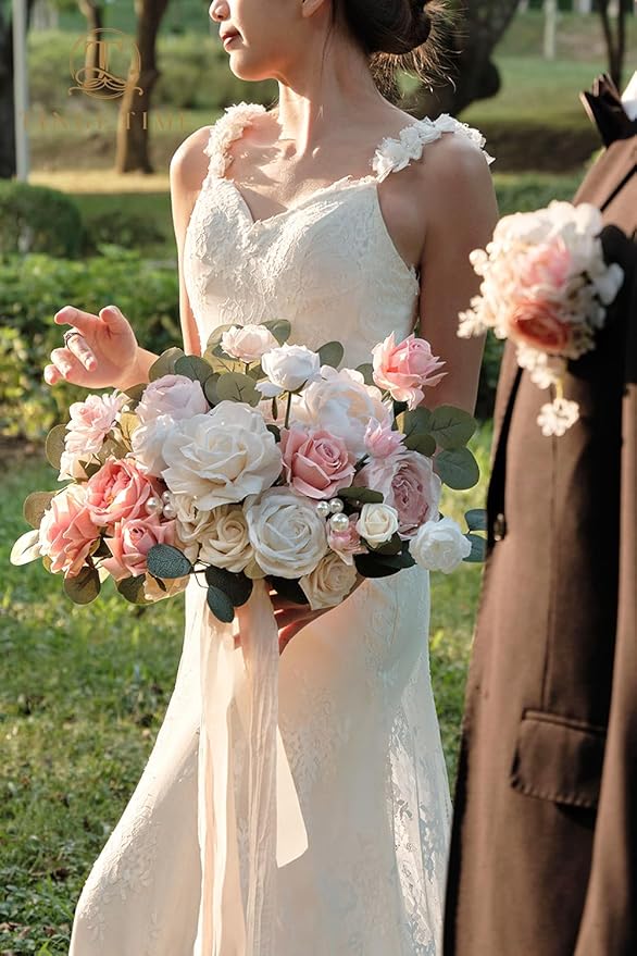 TINGE TIME 11 Inch Wedding Bouquets for Bride，Champange&Pink Artificial Flowers Bouquet， Brides & Bridesmaids Bouquet Tossing Bouquet for Wedding Anniversary Ceremony Bridal Shower Decorations