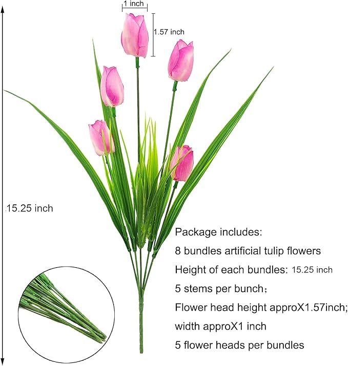 8 Bundles Outdoor Artificial Tulips Fake Flowers UV Resistant Faux Plastic Greenery Shrubs Plants for Home Outside Garden Porch Window Farmhouse Decor (Light Pink)
