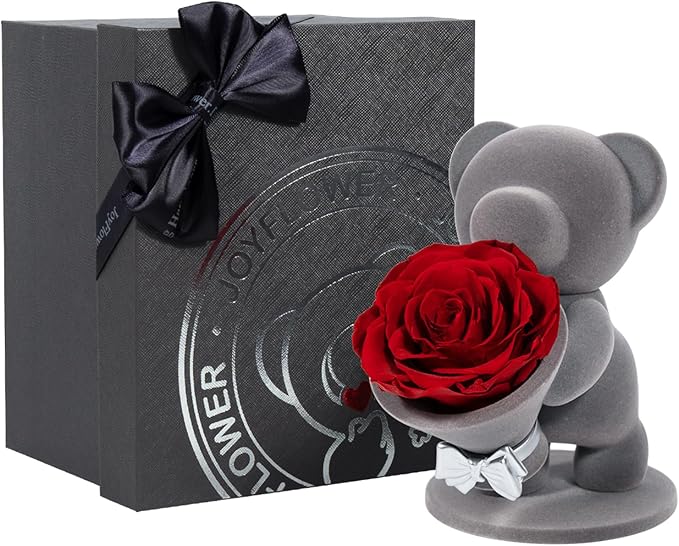 JoyFlower Cute Teddy Bear with Preserved Rose, Eternal Real Rose in Bear with Elegant Gift Box, Romantic Gift for Girlfriend Wife Her in Valentine's Day, Birthday, Christmas, Weddings, Anniversaries