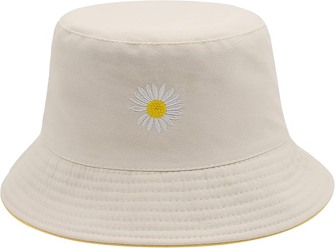 Flower Reversible Bucket Hat Cotton Summer Travel Beach Sun Hats Emboridery for Women Men