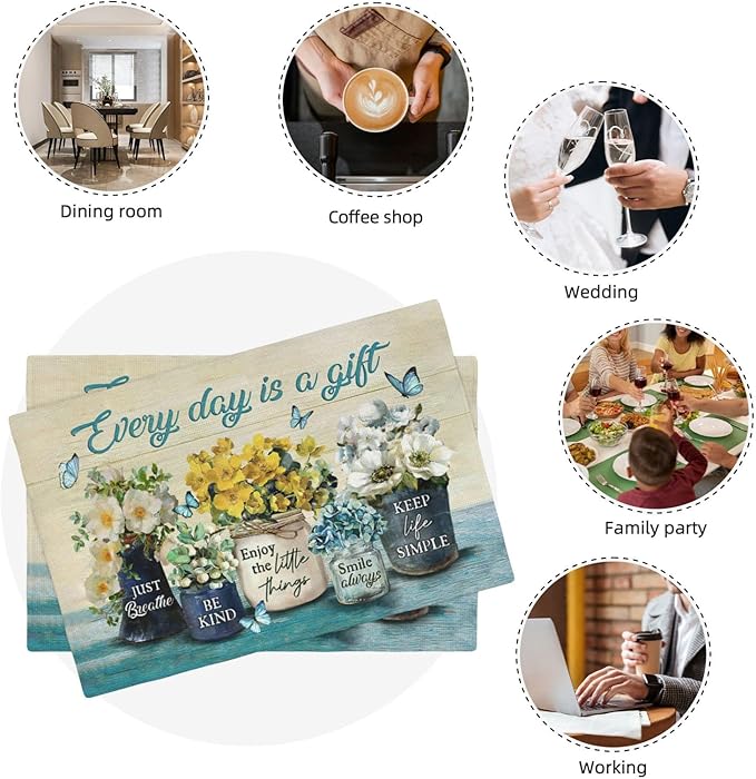 Farmhouse Spring Flower Placemats Set of 4 Every Day is A Gift Country Rustic Floral Yellow Double-Sided Table Mats for Dining Room Home Party Indoor 4 PCS 12x18 Inch