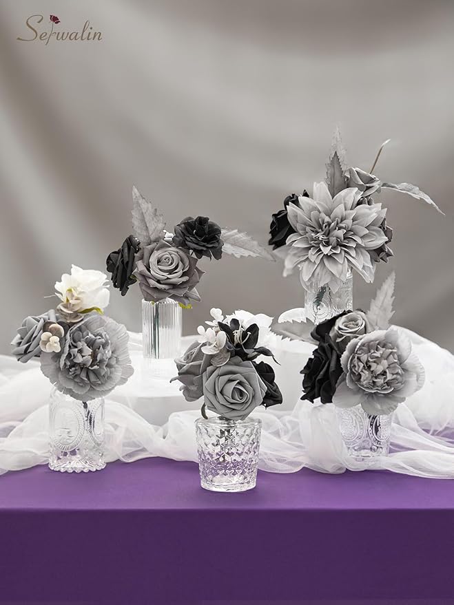 Serwalin Artificial Flowers Grey Fake Flowers Box Set, Silk Flowers with Stems, Faux Wedding Flower Cake Flowers for DIY Wedding Bouquets Bridal Shower Centerpieces Floral Arrangements Decor