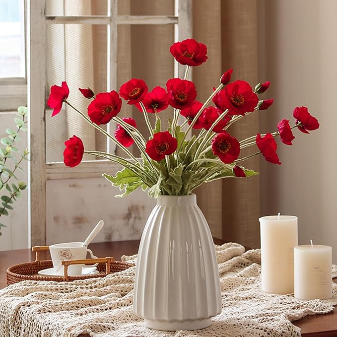 2 Pcs Artificial Fake Flowers Plants Poppies Silk Flower Arrangements Wedding Bouquets Decorations Plastic Floral Table Centerpieces for Home Kitchen Garden Party Decor Approx 23.6" High - Red