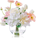Artificial Flowers in Vase for Seasonal Decor, Mixed White Tulips & Pink Silk Fake Flowers Bouquet Arrangements in Glass Vase with Fake Water for Spring Home Office Hotel Wedding Party Table Decor