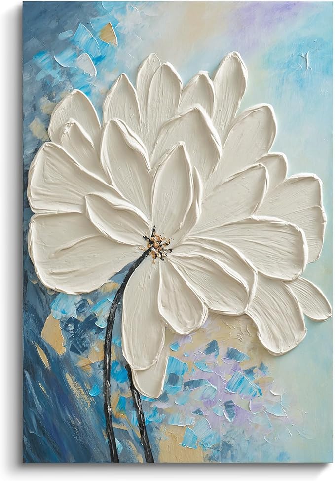 JUHOME Hand-Painted White Floral Canvas Wall Art, 24x36 In Textured Abstract Oil Painting, Vertical Modern Artwork for Living Room, Bedroom, Corridor, Office Decoration