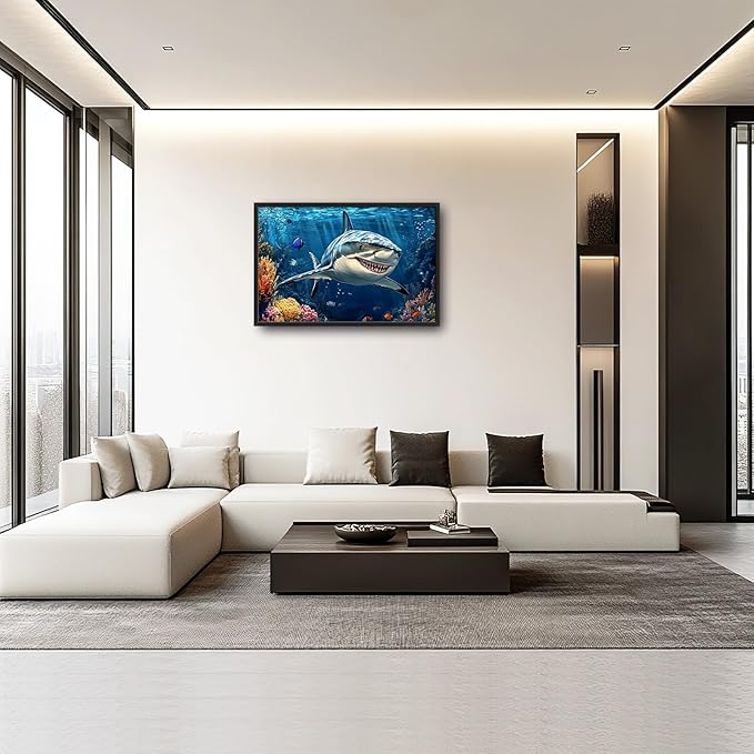 Large Ocean Shark Wall Art for Living Room, Framed Oversized Shark Fish Wall Decor Underwater Marine Life Canvas Painting Modern Artwork for Living Room Bathroom Bedroom Office Dining Room 36"x24"